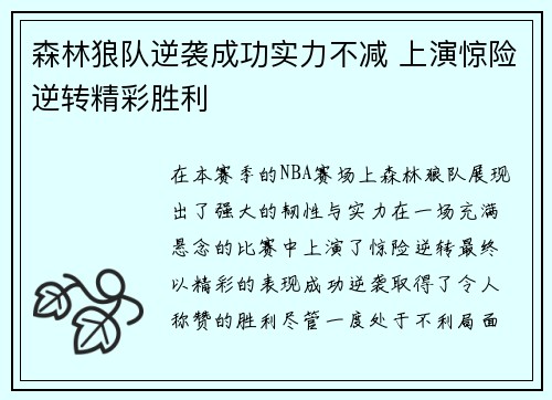 森林狼队逆袭成功实力不减 上演惊险逆转精彩胜利