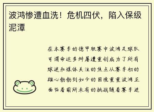 波鸿惨遭血洗!危机四伏,陷入保级泥潭