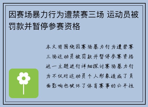 因赛场暴力行为遭禁赛三场 运动员被罚款并暂停参赛资格