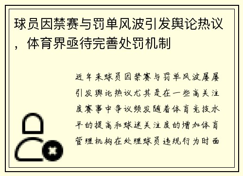 球员因禁赛与罚单风波引发舆论热议，体育界亟待完善处罚机制