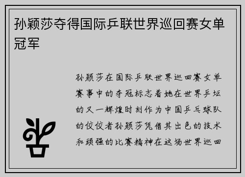 孙颖莎夺得国际乒联世界巡回赛女单冠军